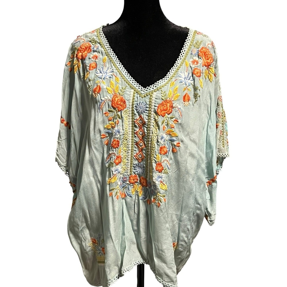 Karyn Seo Top Womens Large Floral embroidered Linen Boho Peasant Tunic 27" PTP